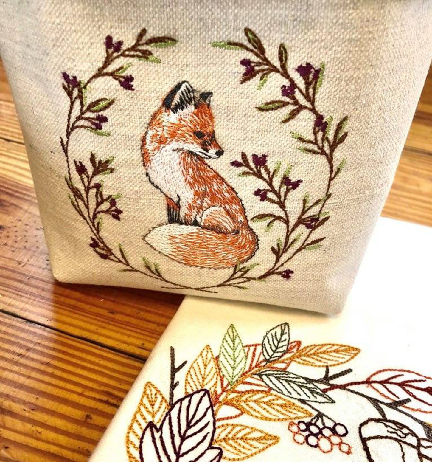 embroidery of fox and leaves