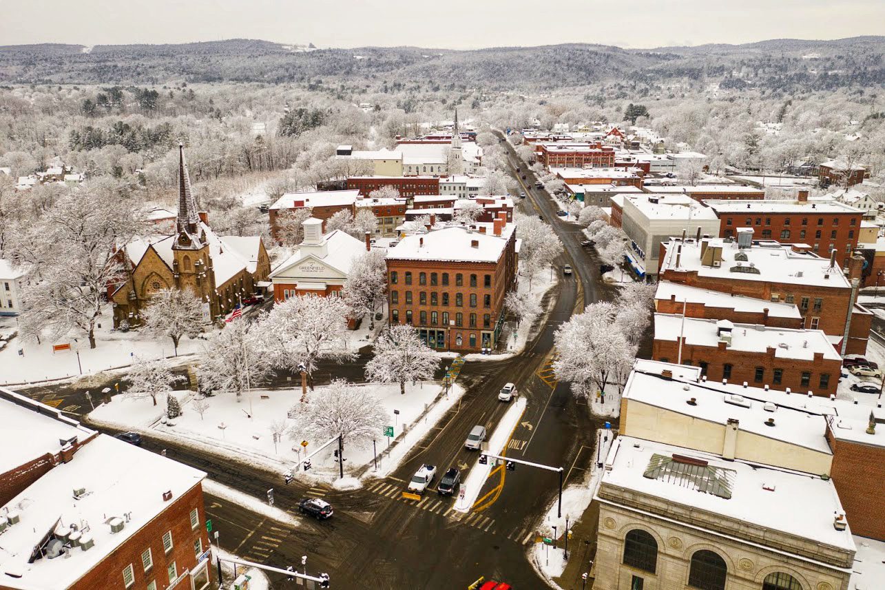 aerial view of downtown Greenfield in the snow