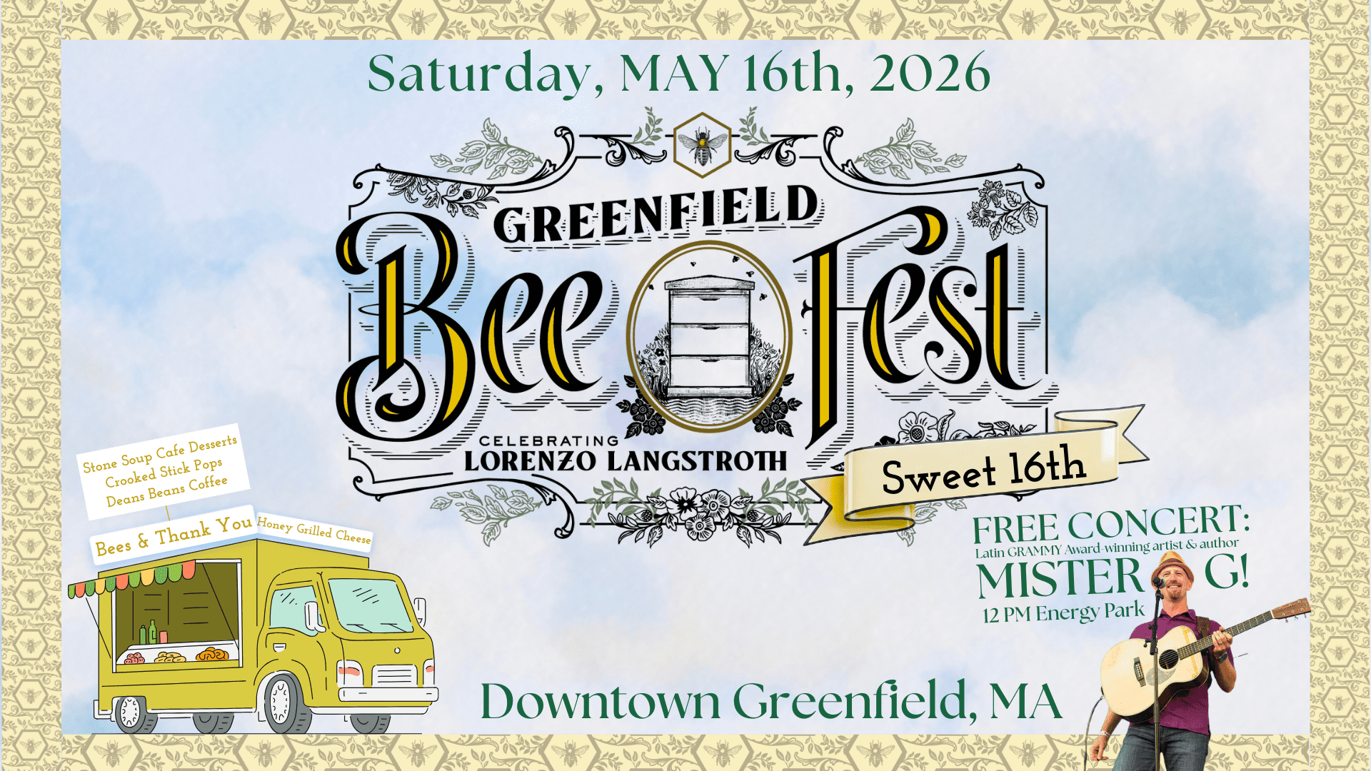 Photo shows the Greenfield Bee Fest logo, an illustrated food truck, and a photo of MISTER G!